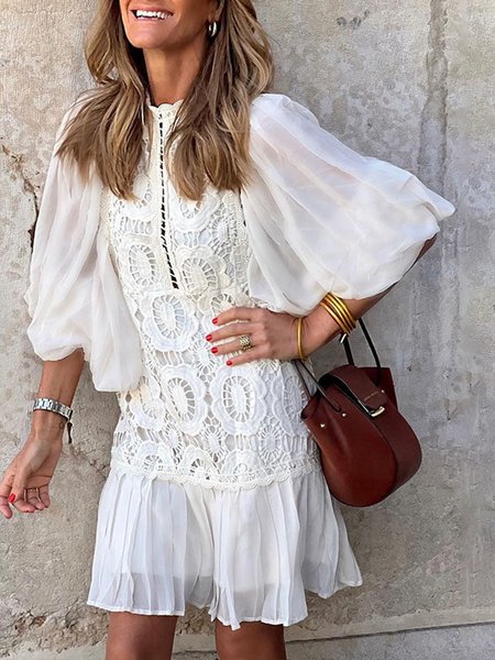 

Plain Regular Fit Elegant Lantern Sleeve Dress, White, Mini Dresses