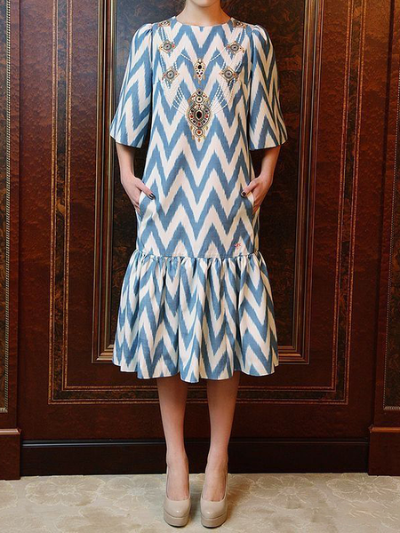 

Geometric Elegant Loose Crew Neck Short sleeve Skirt Dress, Blue, Mini Dresses