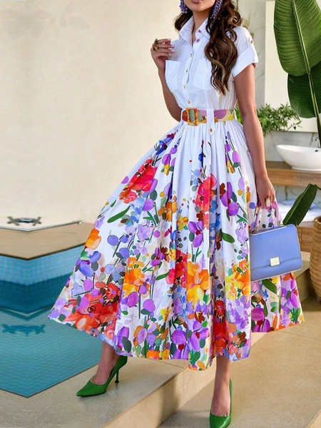 

Regular Fit Short sleeve Elegant Floral Long Dress, White, Maxi Dresses