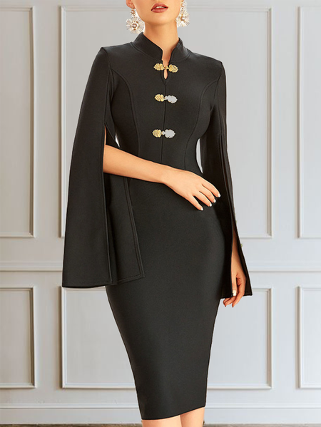 

Split Sleeves Elegant Plain Stand Collar Midi Dress, Black, Midi Dresses