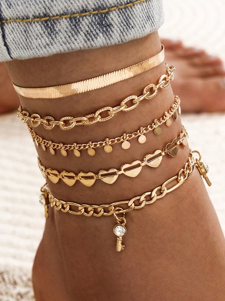 

5Pcs Gold Heart Pattern Casual Multilayer Anklet Set Bohemian Vacation Jewelry, Golden, Bracelets & Anklets