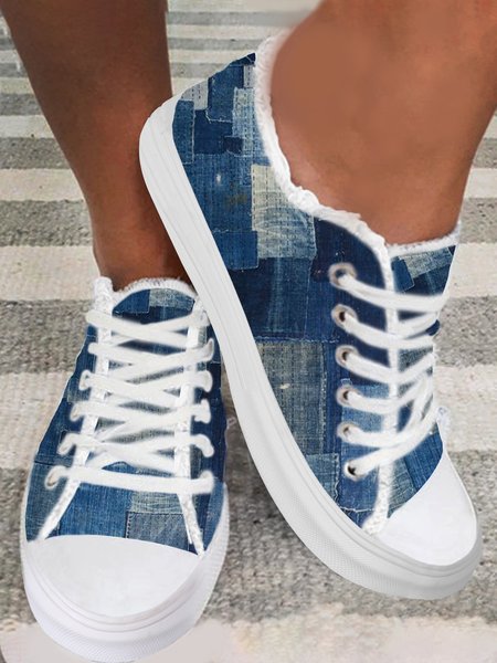 

Soft Comfortable Denim Print Lace-Up Canvas Shoes, Denim blue, Sneakers