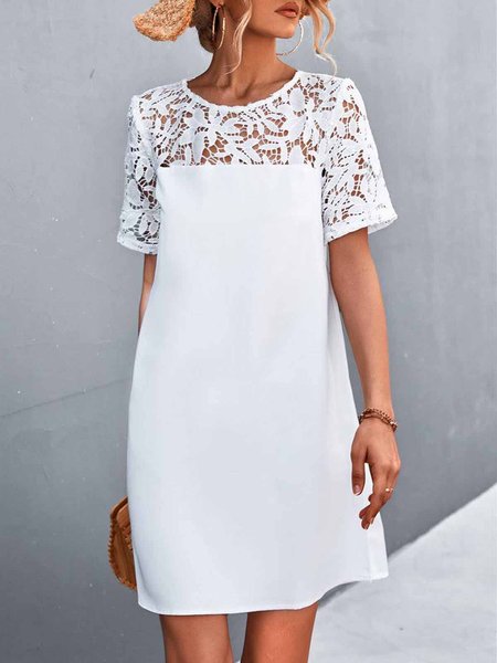 

Plain Lace Edge Crew Neck Elegant Dress, White, Mini Dresses