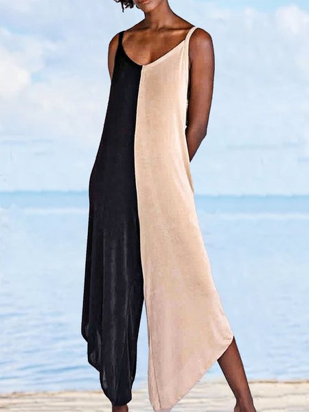

V Neck Loose Vacation Plain Jumpsuit, Black-white, Jumpsuits＆Rompers