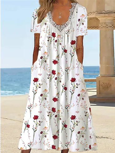 

Loose Floral V Neck Vacation Dress, White, Dresses
