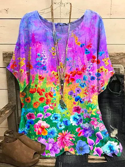 

Vacation Crew Neck Floral Splendid Flowers Printed Women's shirt, Pink, Shirts & Blouses