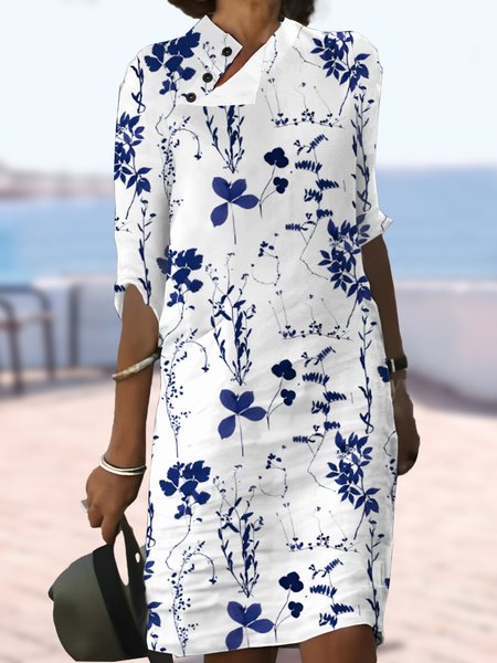 

Stand Collar Floral Casual Buckle Dress, White, Dresses