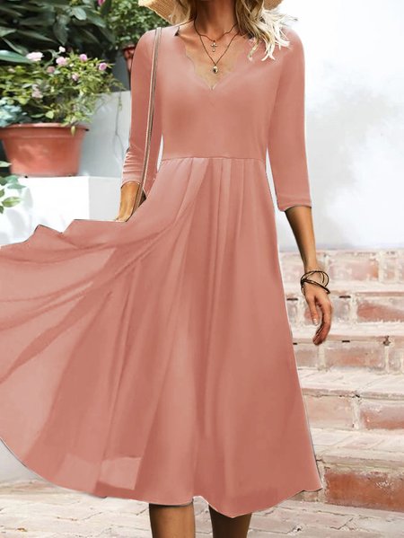 

Women Plain Autumn Elegant V neck Three Quarter Sleeve Dress, Pink, Maxi Dresses