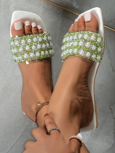 

Trendy Pearl Square Toe Slippers, Green, Sandals