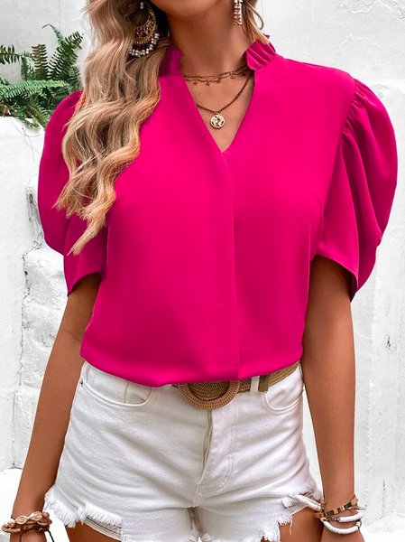 

Frill Trim Puff Sleeve Notched Neck Blouse, Pink, Shirts & Blouses
