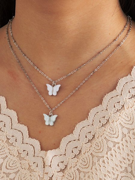 

Casual Silver Crystal Butterfly Multilayer Necklace Urban Daily Versatile Jewelry, Necklaces