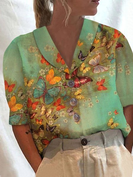 

Loose Buttoned Casual Butterfly Blouse, Green, Shirts & Blouses