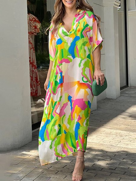 

Short sleeve Vacation Colorblock V Neck Dress, Green, Maxi Dresses
