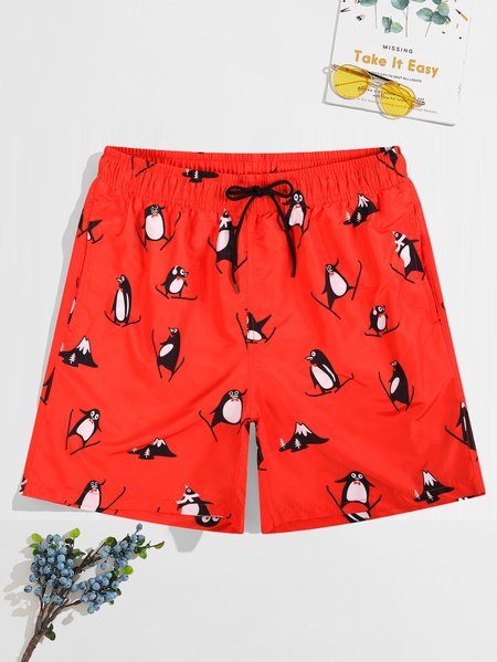

Penguin Drawstring Beach Shorts, Red, Men's shorts
