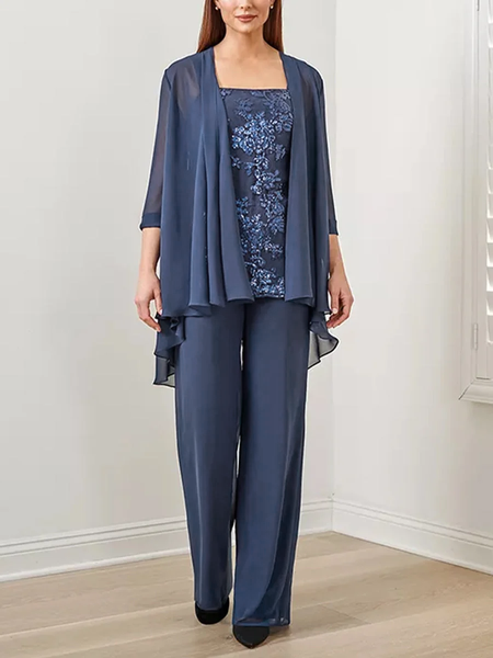 

Solid Color Lace Vest Pants Cardigan Mom's Dress Three-Piece Set, Navyblue, Tops