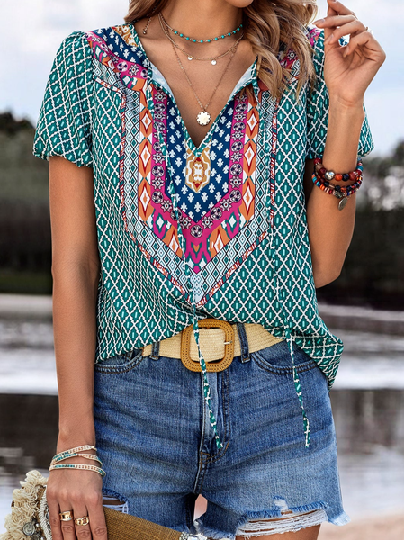 

Ethnic Crew Neck Loose Casual Shirt, Green, Shirts & Blouses