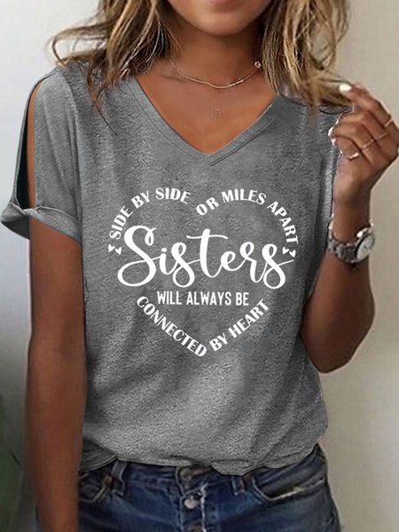

Sister Text Letters Casual V Neck Loose T-Shirt, Gray, T-Shirts