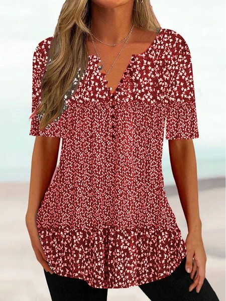 

V Neck Floral Regular Fit Casual Blouse, Red, Shirts & Blouses