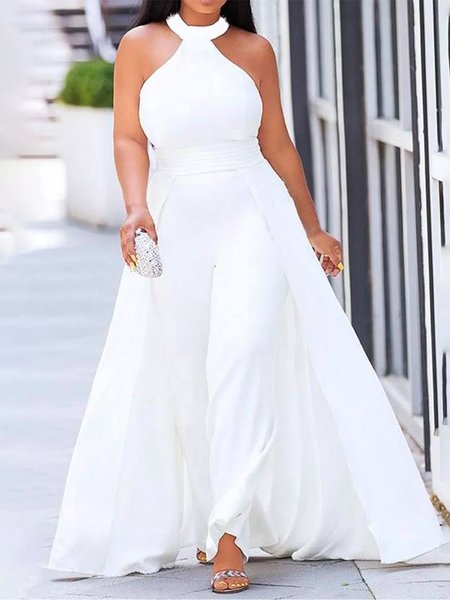 

Regular Fit Elegant Plain Halter Jumpsuit, White, Jumpsuits