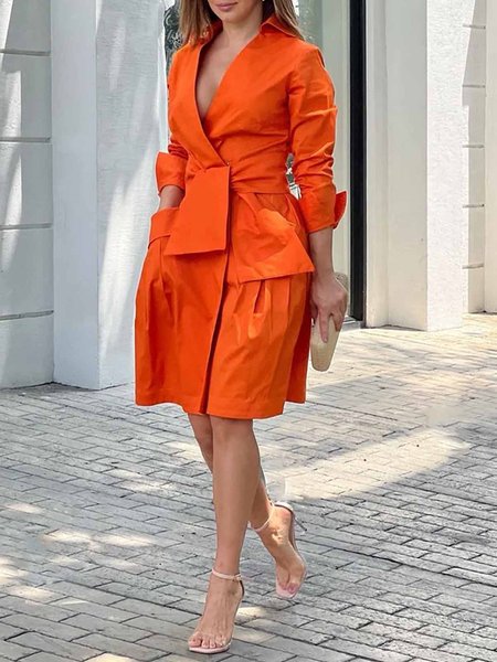 

Regular Fit Shirt Collar Plain Elegant Pockets Dress, Orange, Mini Dresses