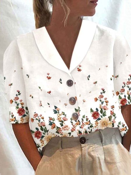 

Loose Floral Shawl Collar Casual Blouse, White, Shirts & Blouses