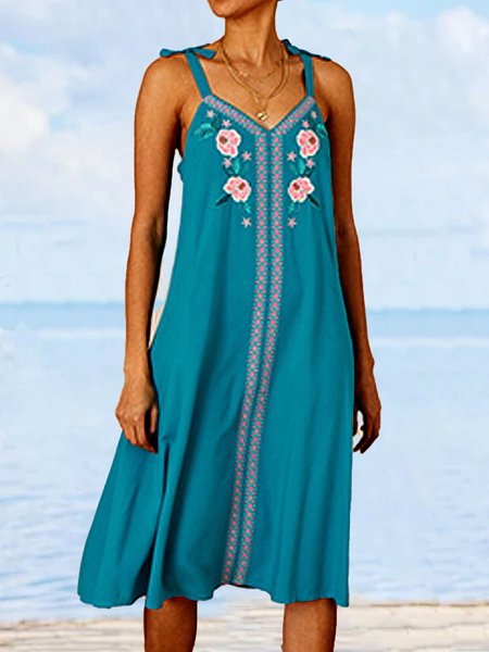 

V Neck Vacation Loose Ethnic Dress, Aqua blue, Dresses