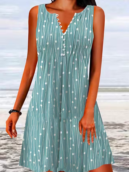 Loose Geometric Vacation V Neck Dress, Green, Dresses