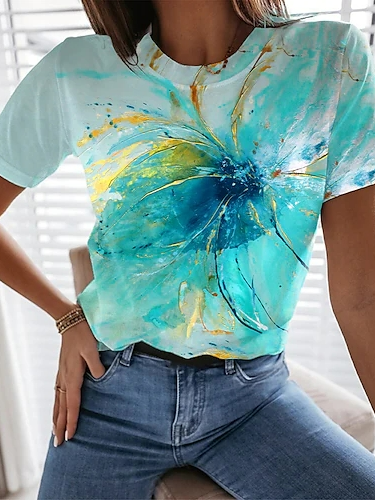 

Floral Casual Crew Neck T-Shirt, Aqua blue, T-Shirts