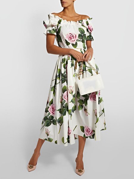 

Cold Shoulder Elegant Floral Regular Fit Dress, Flower, Midi Dresses