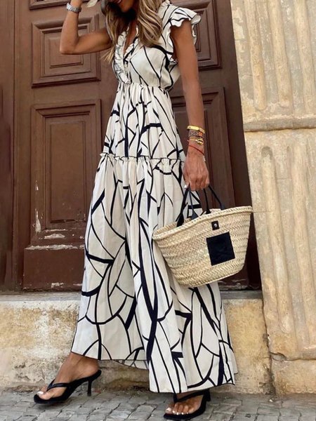 

Ruffled Sleeves Geometric Regular Fit Vacation Dress, White, Maxi Dresses