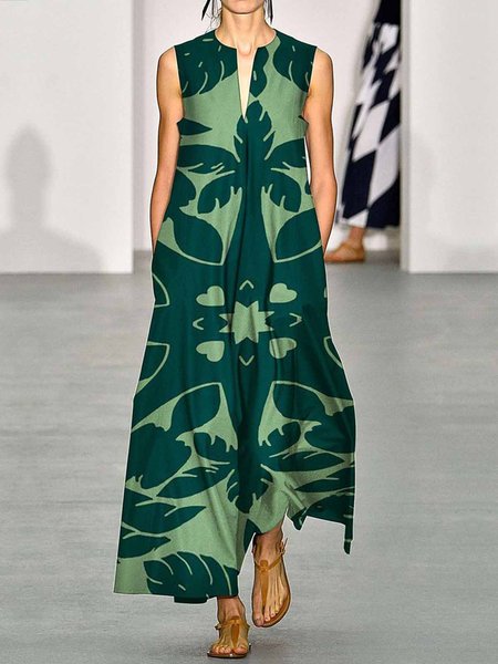 

Floral V Neck Loose Vacation Dress, Green, Maxi Dresses