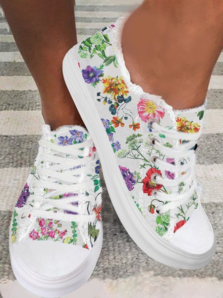 

Soft and Comfortable Floral Lace-up Canvas Shoes, As picture, Sneakers