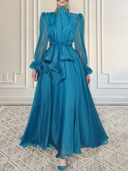 

Regular Fit Turtleneck Elegant Plain Long Sleeve Maxi Party Dress, Blue, Dresses