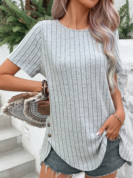 

Crew Neck Casual Plain Buckle T-Shirt, Gray, T-Shirts