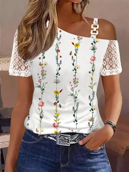 

One Shoulder Lace Floral Casual Shirt, White, Shirts & Blouses