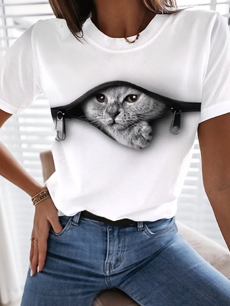 

Jersey Casual Cat Loose Crew Neck T-Shirt, White, T-Shirts