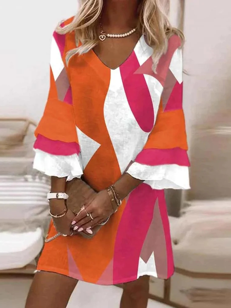 

V Neck Psychedelic Art Casual Dress, Orange red, Dresses
