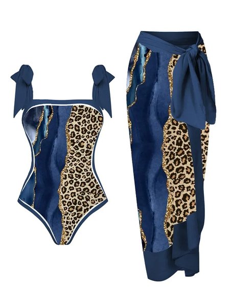 

Square Neck Casual Leopard One Piece With Cover Up, Blue, swimwear>>One-Pieces