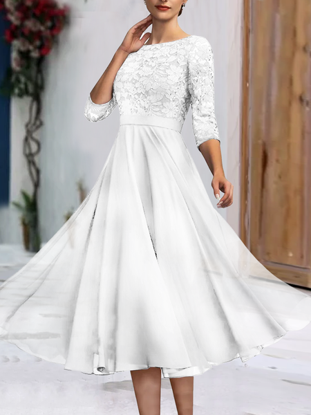 

Wedding party Lace Chiffon zip seven Sleeve midi Dress, White, Formal Dresses