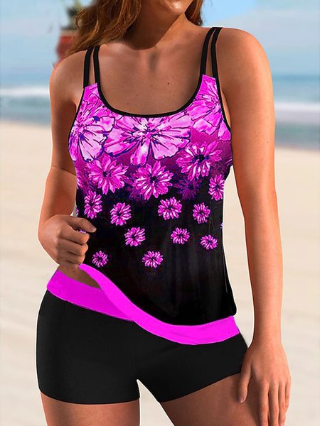 

Scoop Neck Vacation Floral Printing Tankini, Rose red, swimwear>>Tankinis