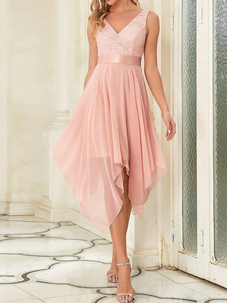 

Chiffon Elegant V Neck Lace Plain Dress, Pink, Formal Dresses