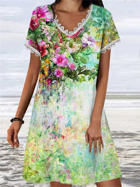 

V Neck Elegant Loose Floral Dress, Green, Dresses