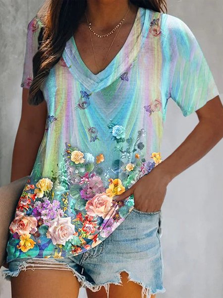 

Rainbow Floral Printed Women's T-shirt, Blue, T-Shirts