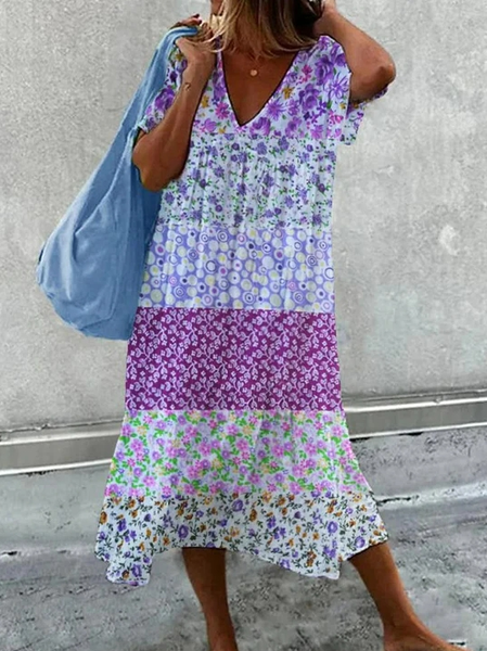 

V Neck Floral Boho Loose Dress, Purple, Dresses