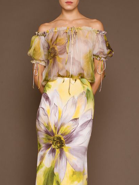 

Cold ShoulderShort sleeve Floral Elegant Loose Shirt, Yellow, Blouses and Shirts