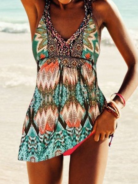 

Vacation Abstract Printing V Neck Swim Dress, Aqua, swimwear>>Tankinis