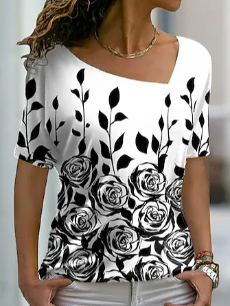 

Casual Floral Asymmetrical T-Shirt, White, T-Shirts