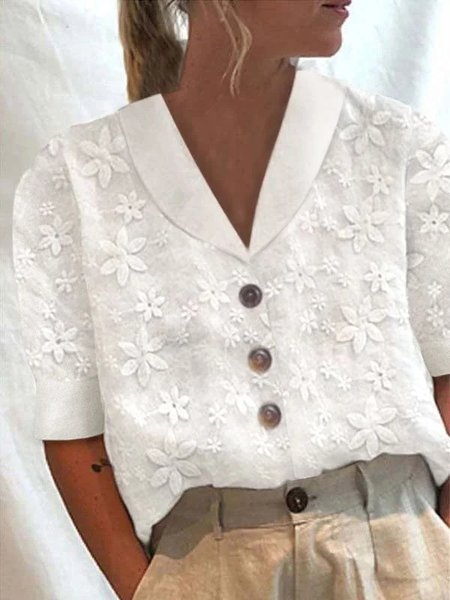 

Cotton Casual Loose Plain Blouse V Neck Buttoned Top, White, Shirts & Blouses