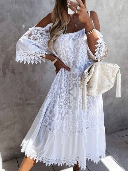 

Spaghetti Vacation Lace Plain Dress, White, Midi Dresses