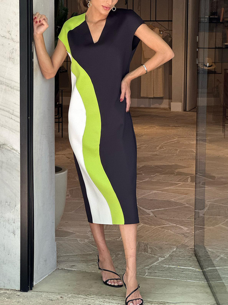 

Loose V neck Color Block Cap sleeve Urban Midi Dress, As picture, Midi Dresses